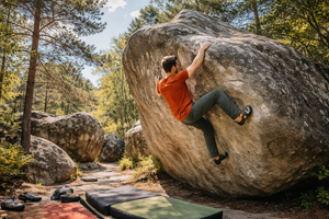 The image of a man climbing a boulder.