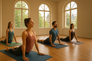 A group of people in a studio practicing yoga on mats