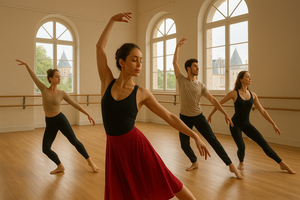 A group of people dancing in a dance studio.