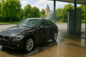 A black car covered in foamy water at a car wash.