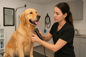 A woman grooming a dog.