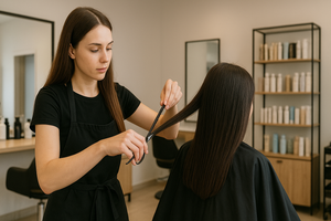 A woman styling hair in a hair salon.