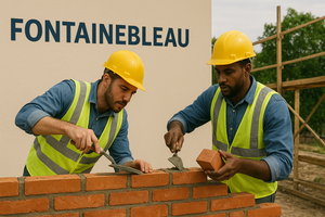 Masonry Contractors building a brick wall.
