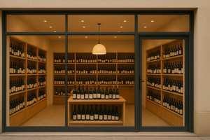 Looking into a wine shop.