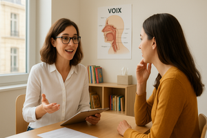 A Speech pathologist talking to a patient.