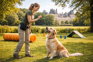 A dog being trained by a profession canine trainer.
