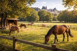 Horses grazing in a field.