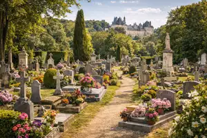 The image of a serene graveyard with a view of a Chateau.
