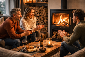 An image of people warming themselves around a fireplace.