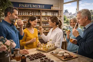 A mix of people testing perfume in a shop.