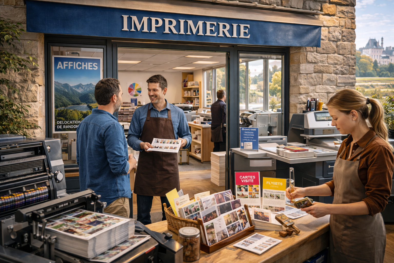 Generated image of a print shop in the Fontainebleau region of France.
