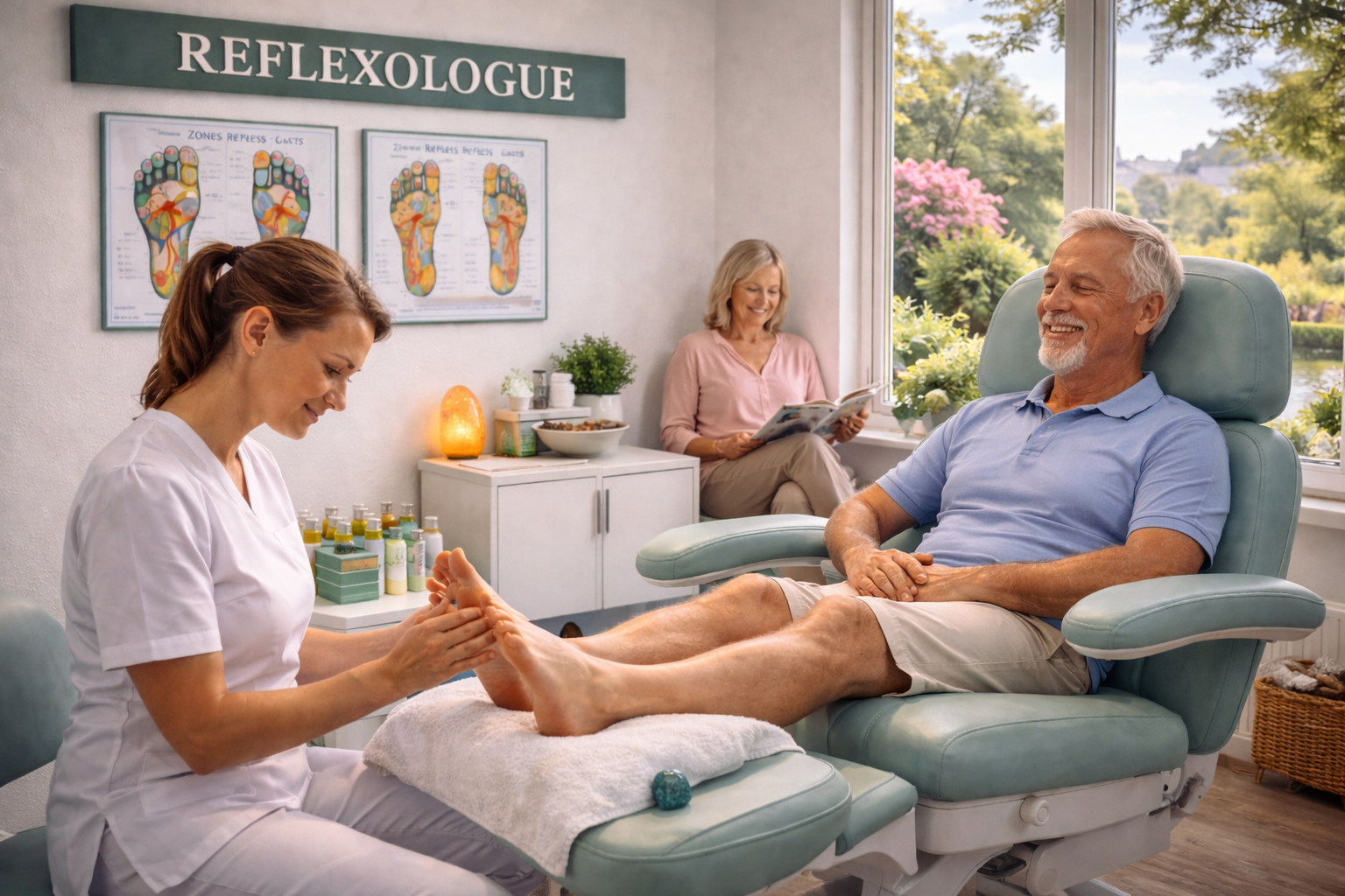 A generated image of a reflexologist treating her patient.