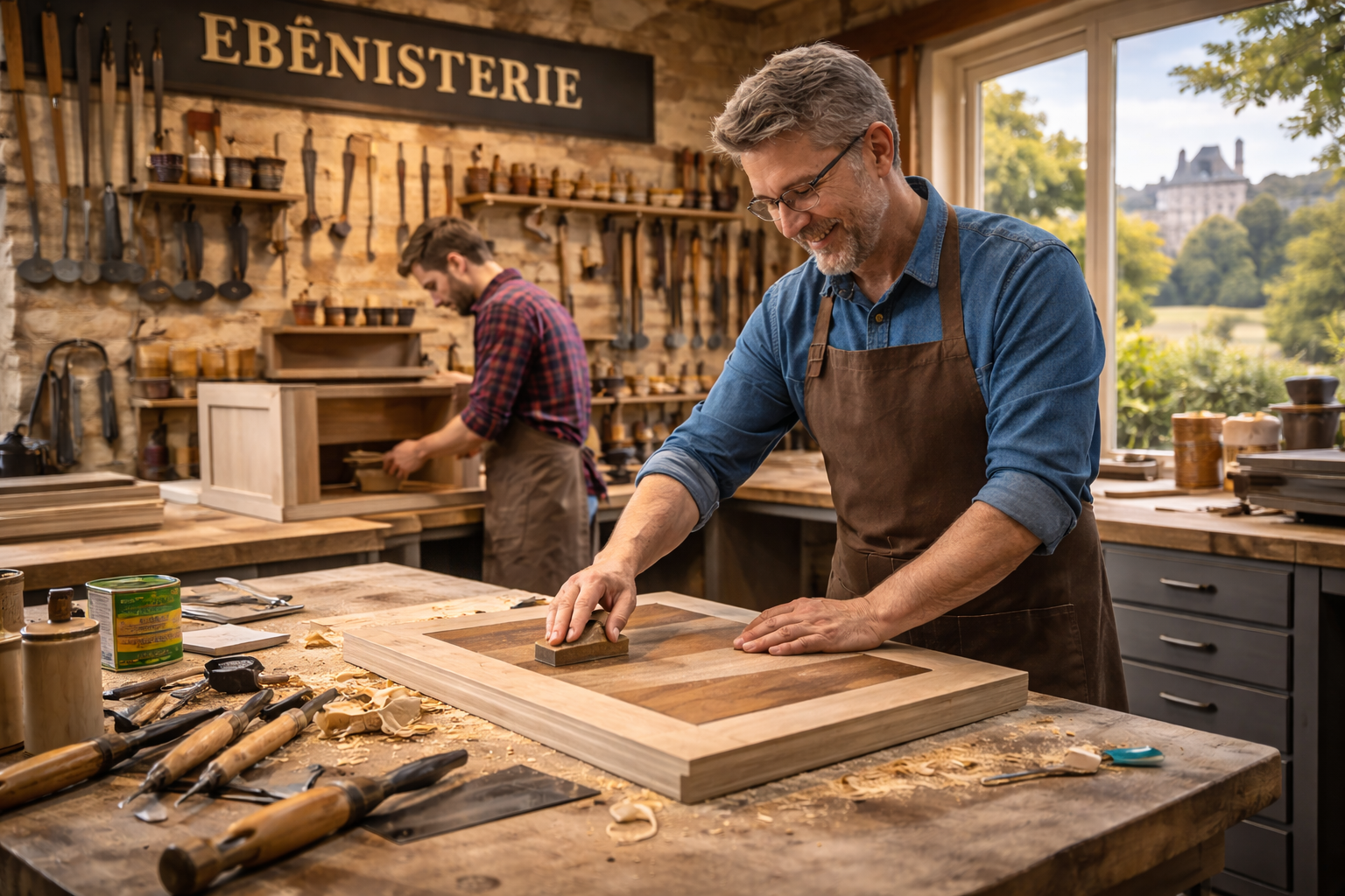 Generated image of two cabinet makers in a workshop.
