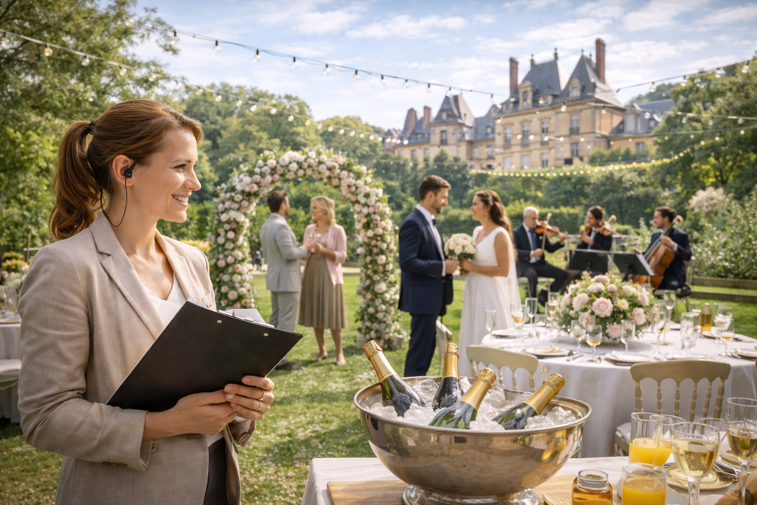 Generated image on an Event planner holding a clipboard at a wedding.