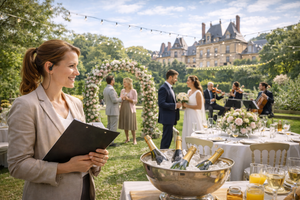 Generated image on an Event planner holding a clipboard at a wedding.