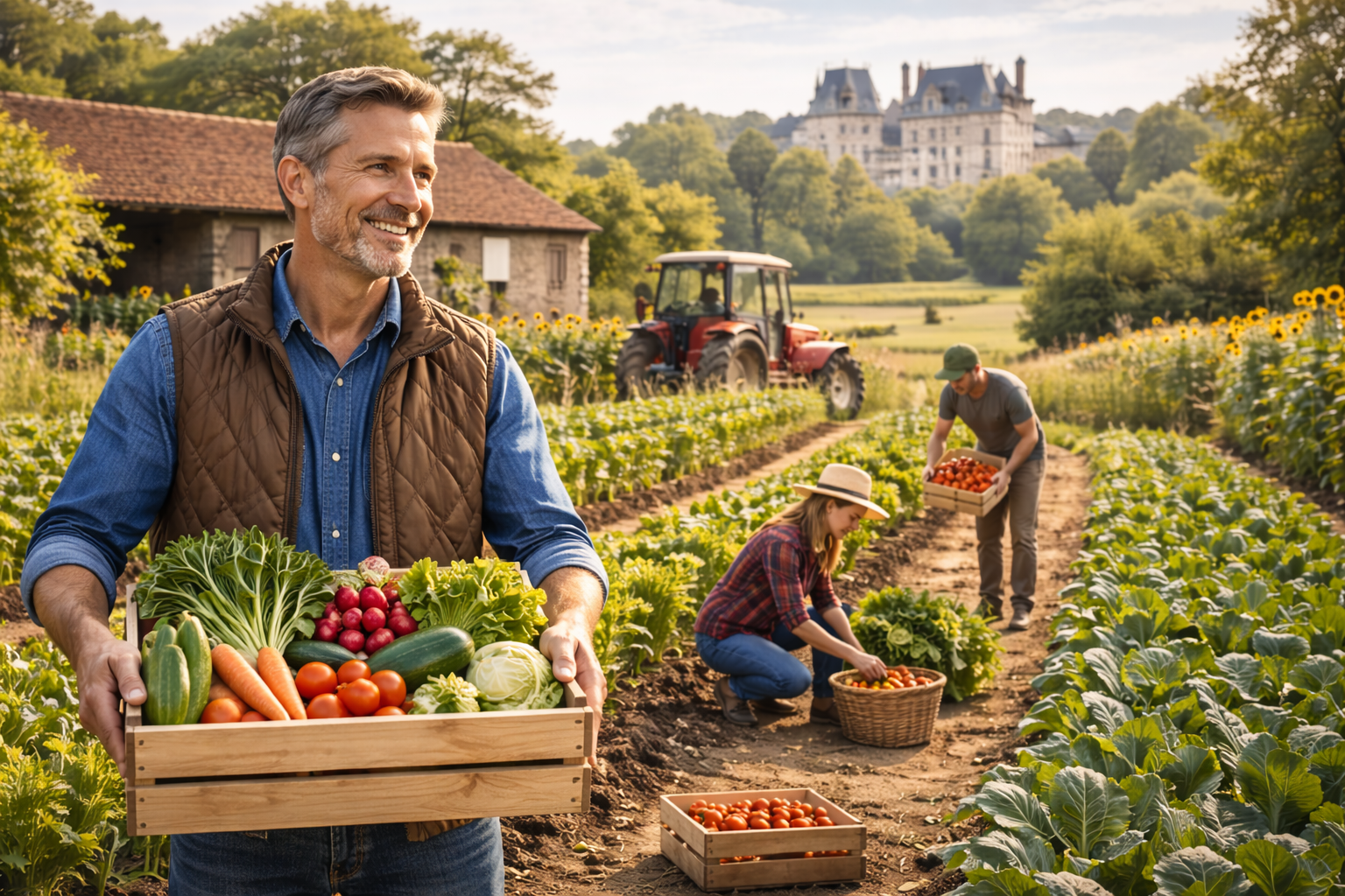Generated image of people gathering vegetables on a farm.