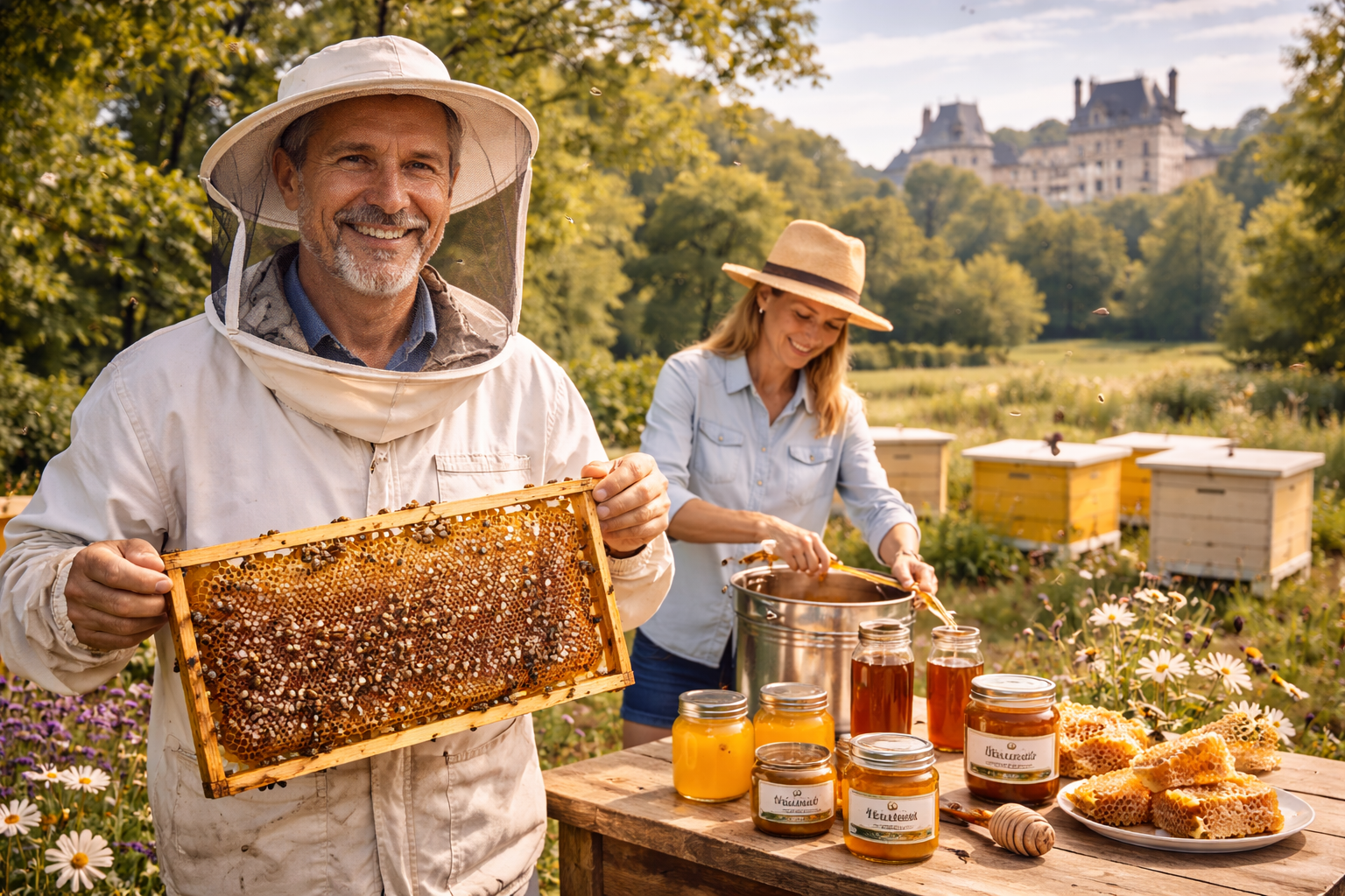 Generated image of a man holding a honey frame with a women and other honey related products in the background.