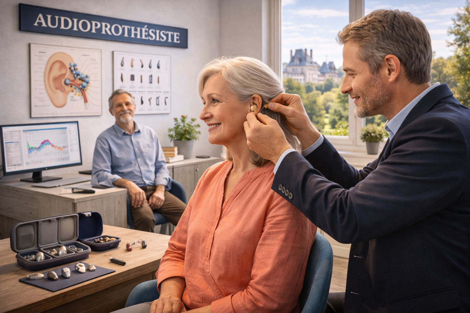 Generated image of a man fitting a hearing prosthetic on a woman.