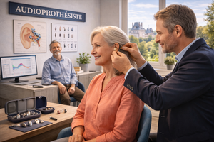 Generated image of a man fitting a hearing prosthetic on a woman.