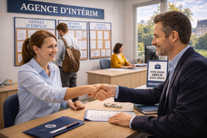 Generated image showing a woman shaking a mans hand in an employment agency.