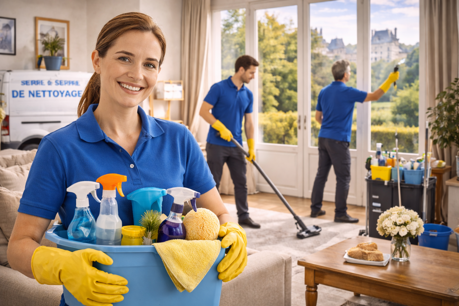 Generated image of cleaners cleaning an apartment.