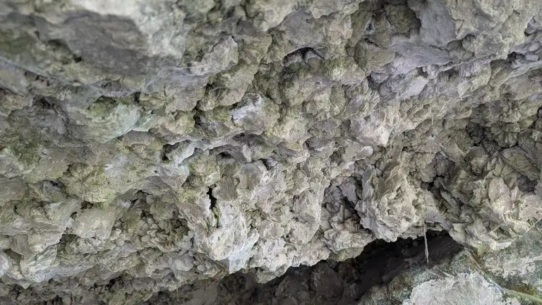 Crystalline structures on the roof near the entrance.
