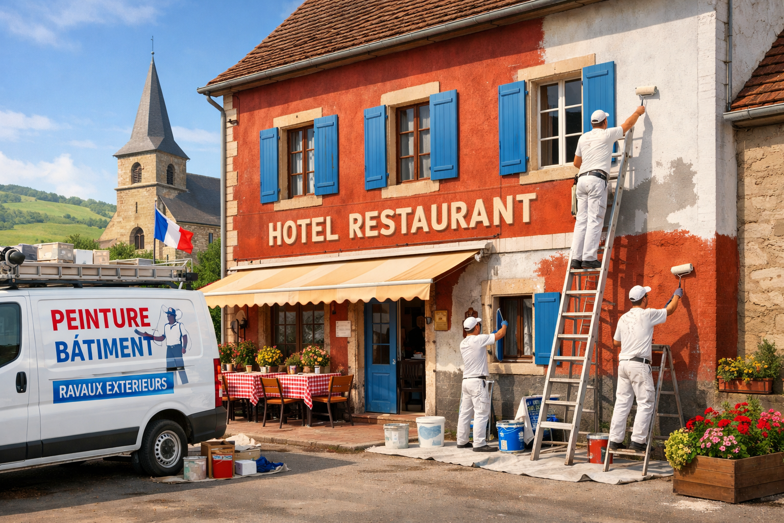 Generated image of painters painting the outside of an hotel.