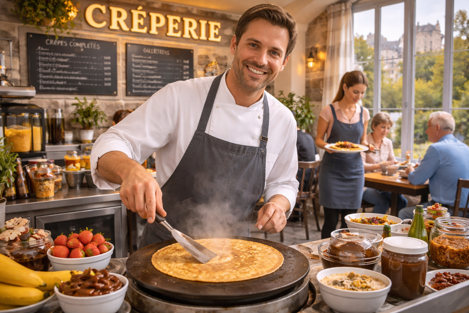 Generated image of a man cooking Crêpes in a Crêperie.