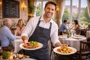 Generated image of a waiter presenting food in a French Restaurant.