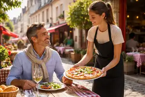 Generated image of a women serving pizza at a French cafe.