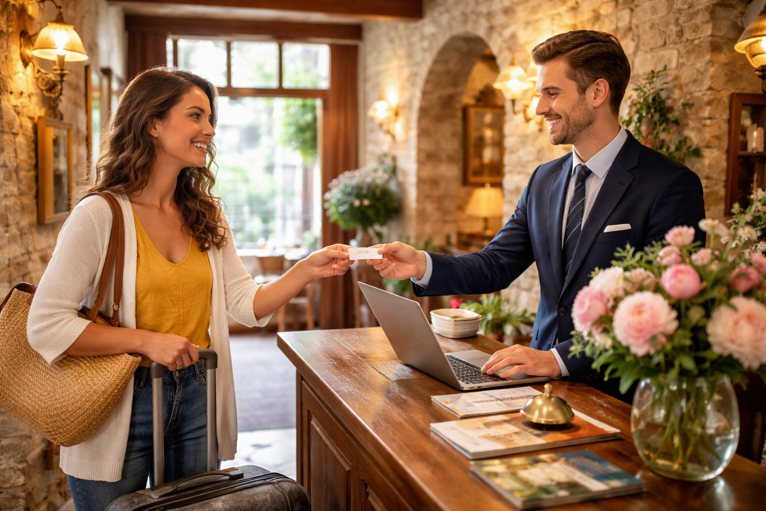 Generated image of a women checking into an hotel in Fontainebleau.