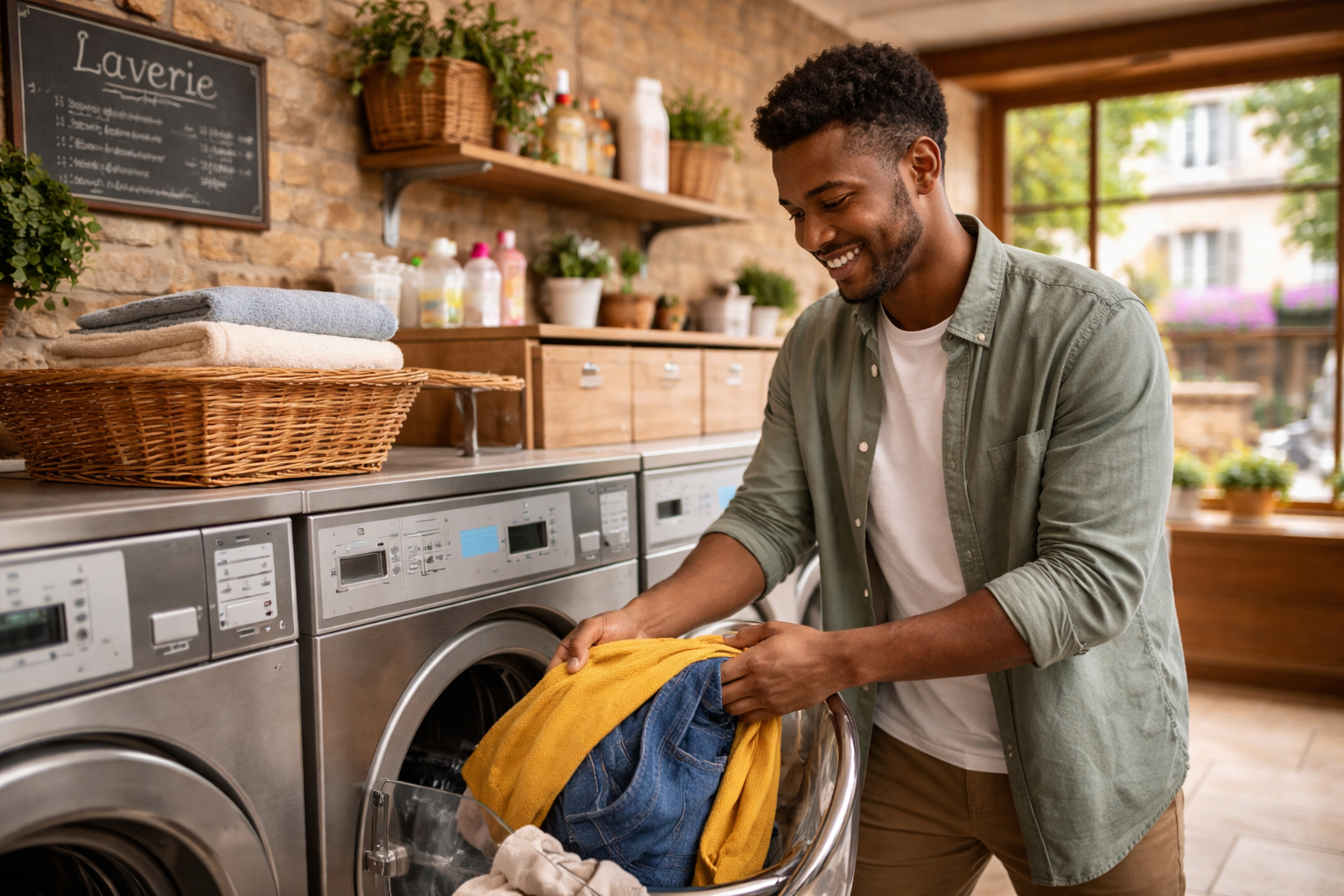 Generated image of a man in a laundry.