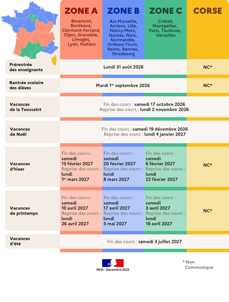 2026-2027 Zone C school holidays